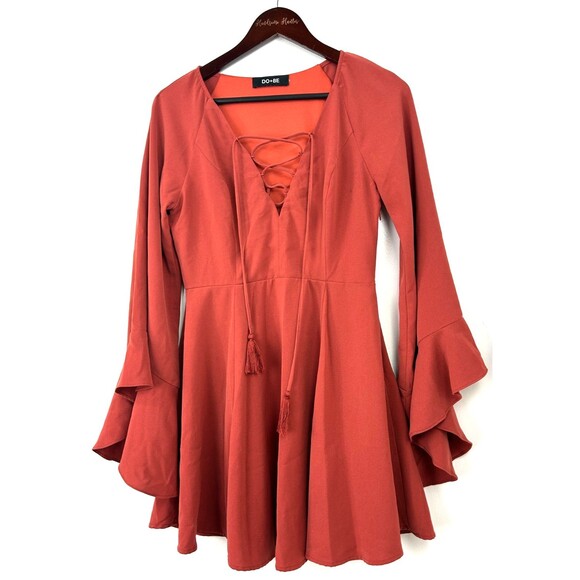 DO + BE Womens Rust Dress Layered Lined Bell Sleeve Lace Tie Mini Sz M 1198N3 - Picture 3 of 12